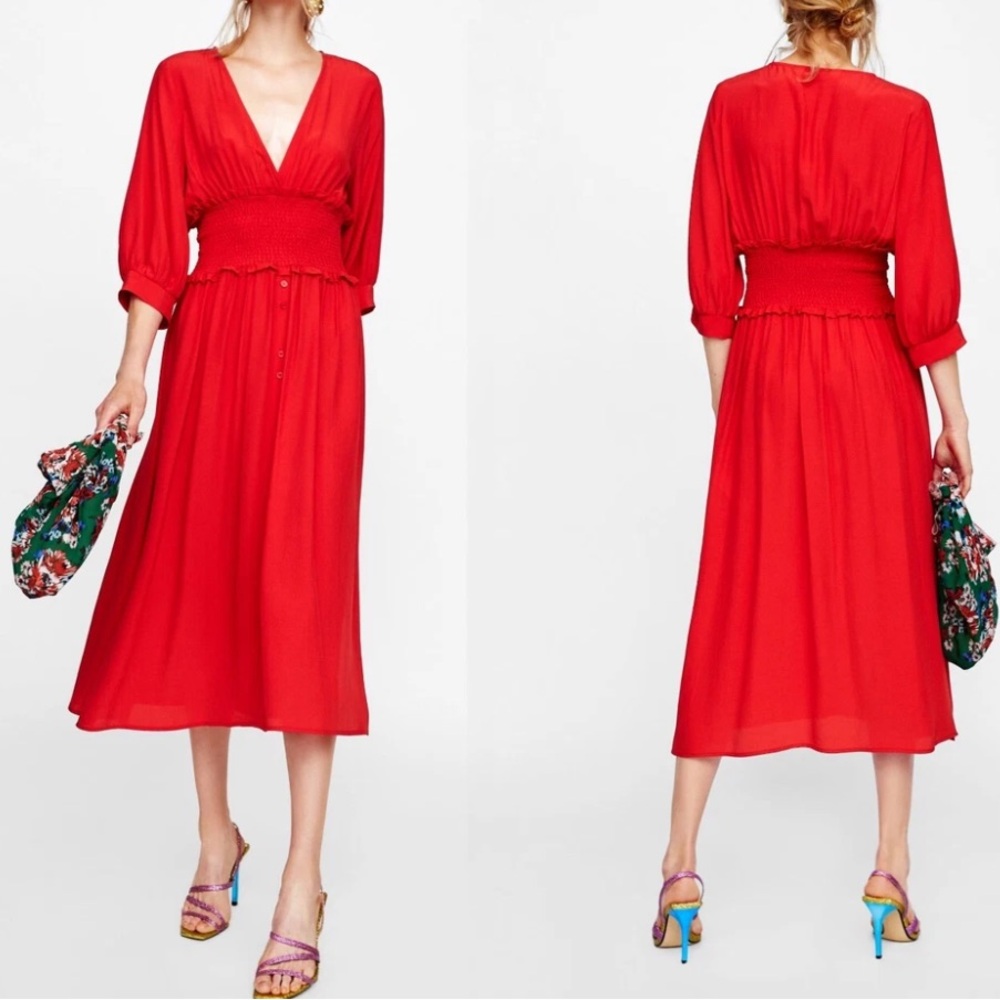 Zara Smocked Waist Red Midi Dress Small